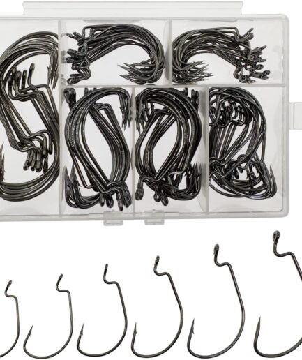 Worm Hooks for Bass Fishing Hooks, 110pcs Bass Hooks Fishing, 6 Sizes Fishing Hooks Freshwater,  Hooks #1 1/0 2/0 3/0 4/0 5/0 Black High Carbon Steel with Portable Plastic Box