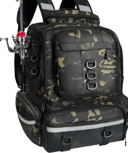 Fishing Tackle Backpack 58L Large Water-Resistant Fish Tackle Bag with Rod Holders Internal insulation compartment Storage Bag Store Fishing Gear for Hiking Travel and Hunting