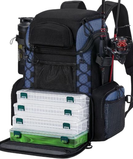 Fishing Tackle Backpack with Rod Holders & 4 Tackle Boxes, Outdoor Fishing Bag with Waterproof Rain Cover