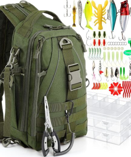 85 Pcs Fishing Backpack with Tackle Boxes, Tackle Sling Bag with Rod Holder, Fishing Lures Kit and Pliers Set for Men Women