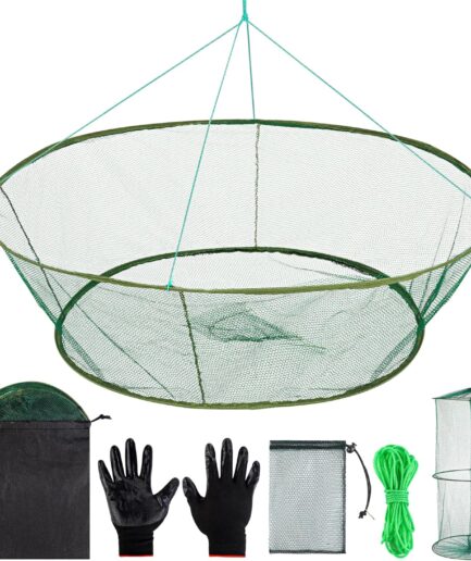 Aodaer 6 Pieces Foldable Drop Net Fishing Net Trap with Fish Keeping Net Bait Bag Rope Gloves Hand Casting Cage Crab Net Fishing Mesh Trap for Minnows, Crab, Lobsters, Fishes